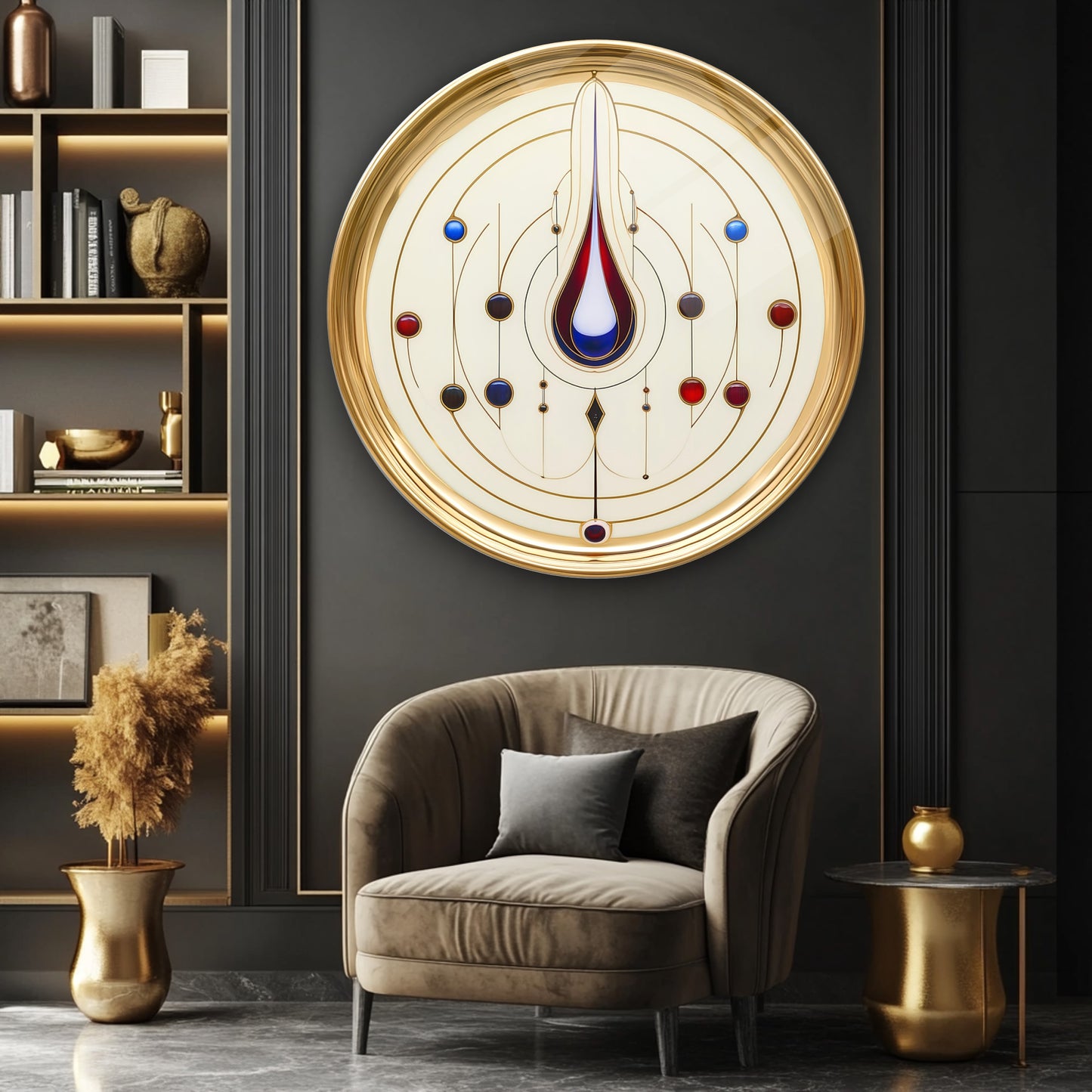 Soyut Gold Damla Yuvarlak Cam Tablo