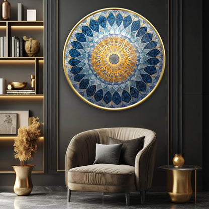 Mavi Gold İslami Sanat Yuvarlak Cam Tablo
