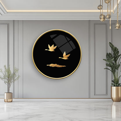 Gold Kuşlar Yuvarlak Cam Tablo
