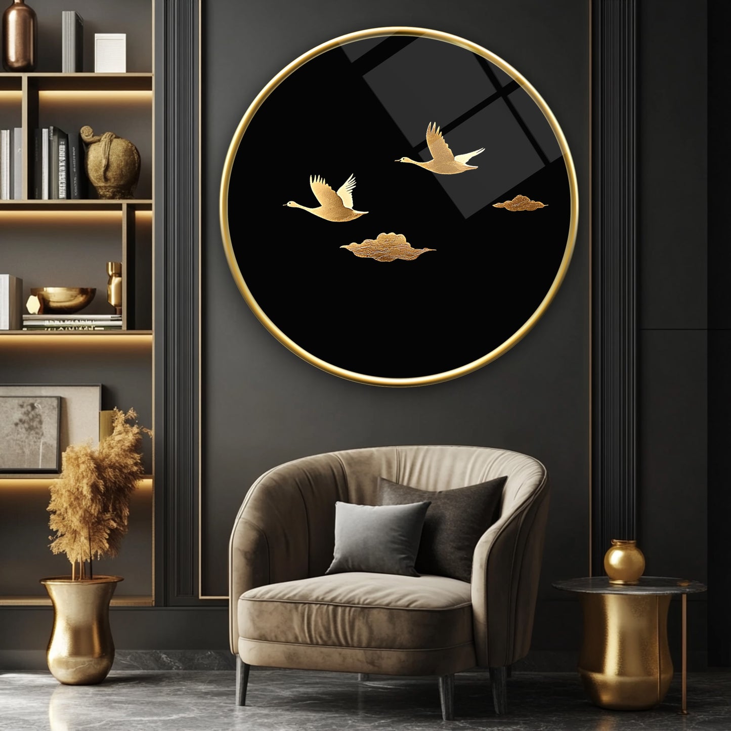 Gold Kuşlar Yuvarlak Cam Tablo