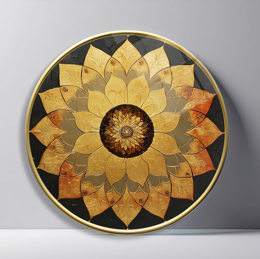 Gold Lotus Çiçeği Yuvarlak Cam Tablo