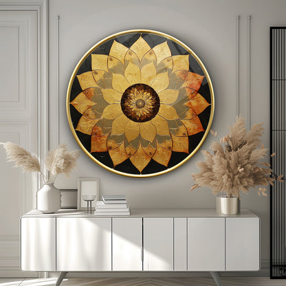 Gold Lotus Çiçeği Yuvarlak Cam Tablo