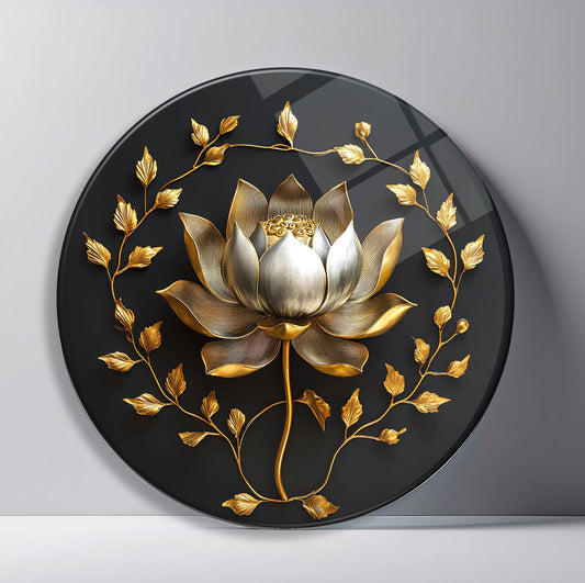Gold Lotus Çiçeği Yuvarlak Cam Tablo