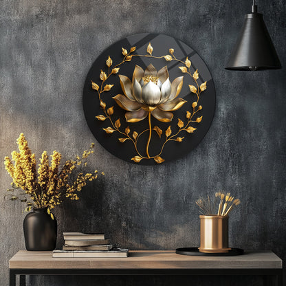 Gold Lotus Çiçeği Yuvarlak Cam Tablo