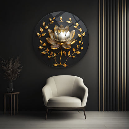 Gold Lotus Çiçeği Yuvarlak Cam Tablo