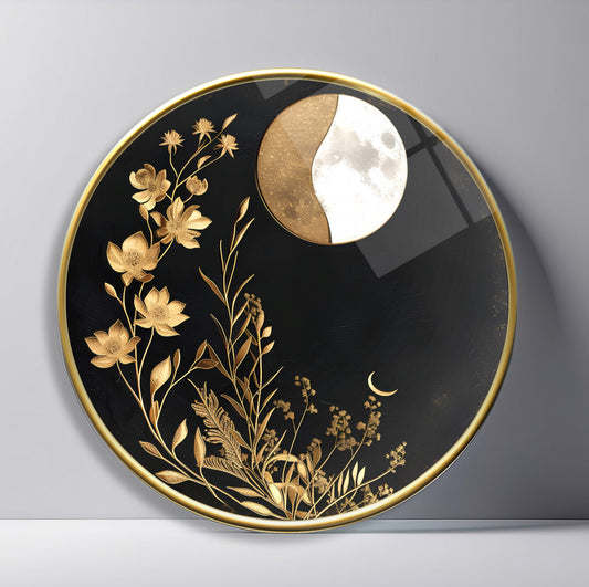 Gold Çiçekler Yuvarlak Cam Tablo