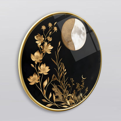 Gold Çiçekler Yuvarlak Cam Tablo