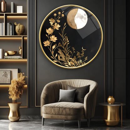 Gold Çiçekler Yuvarlak Cam Tablo
