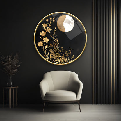 Gold Çiçekler Yuvarlak Cam Tablo