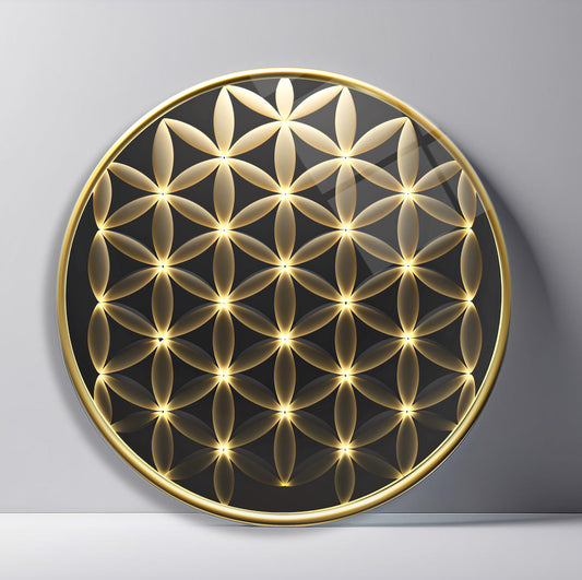 Gold Yaşam Çiçeği Yuvarlak Cam Tablo