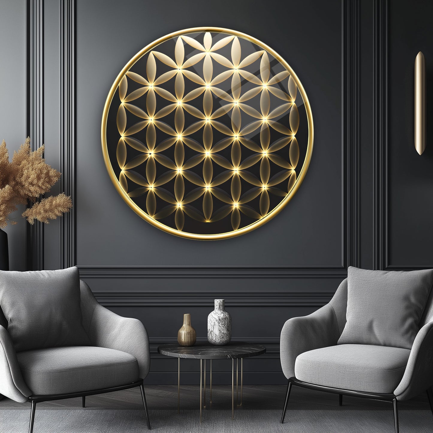 Gold Yaşam Çiçeği Yuvarlak Cam Tablo