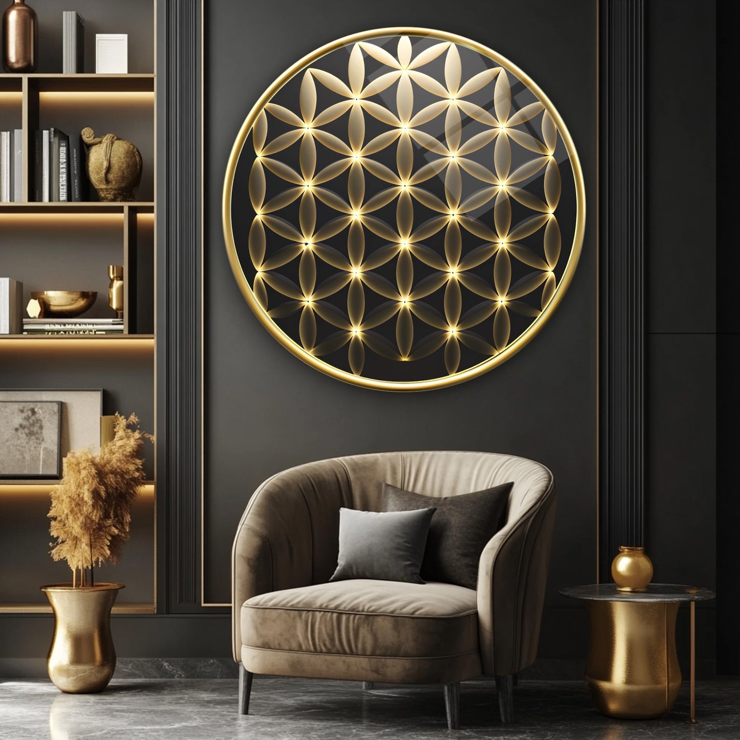 Gold Yaşam Çiçeği Yuvarlak Cam Tablo