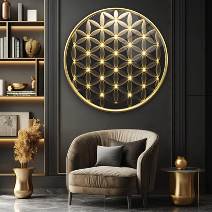 Gold Yaşam Çiçeği Yuvarlak Cam Tablo