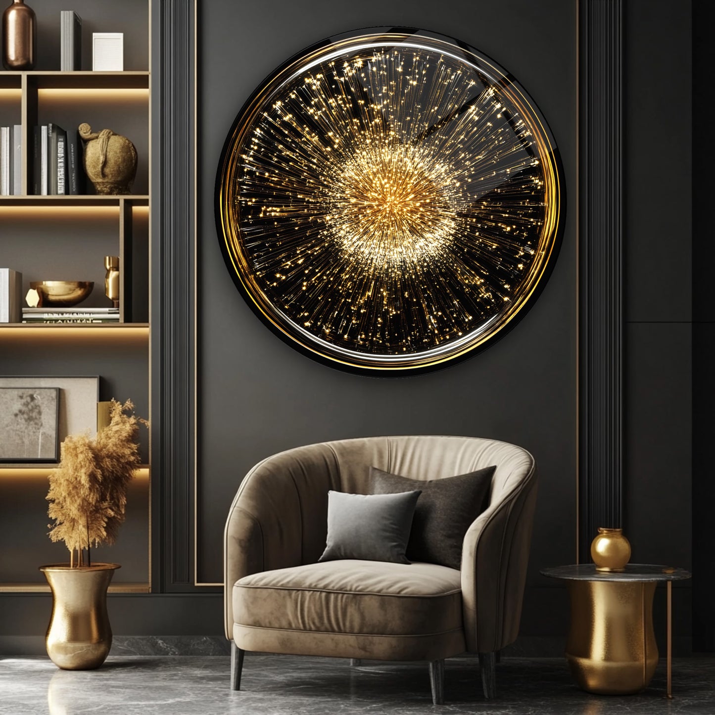 Gold Siyah Yuvarlak Cam Tablo