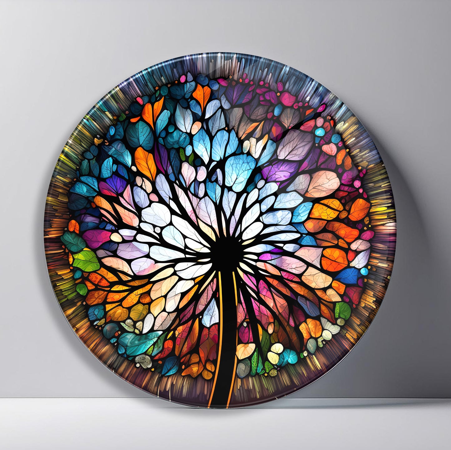 Vitray Desen Çiçek Yuvarlak Cam Tablo