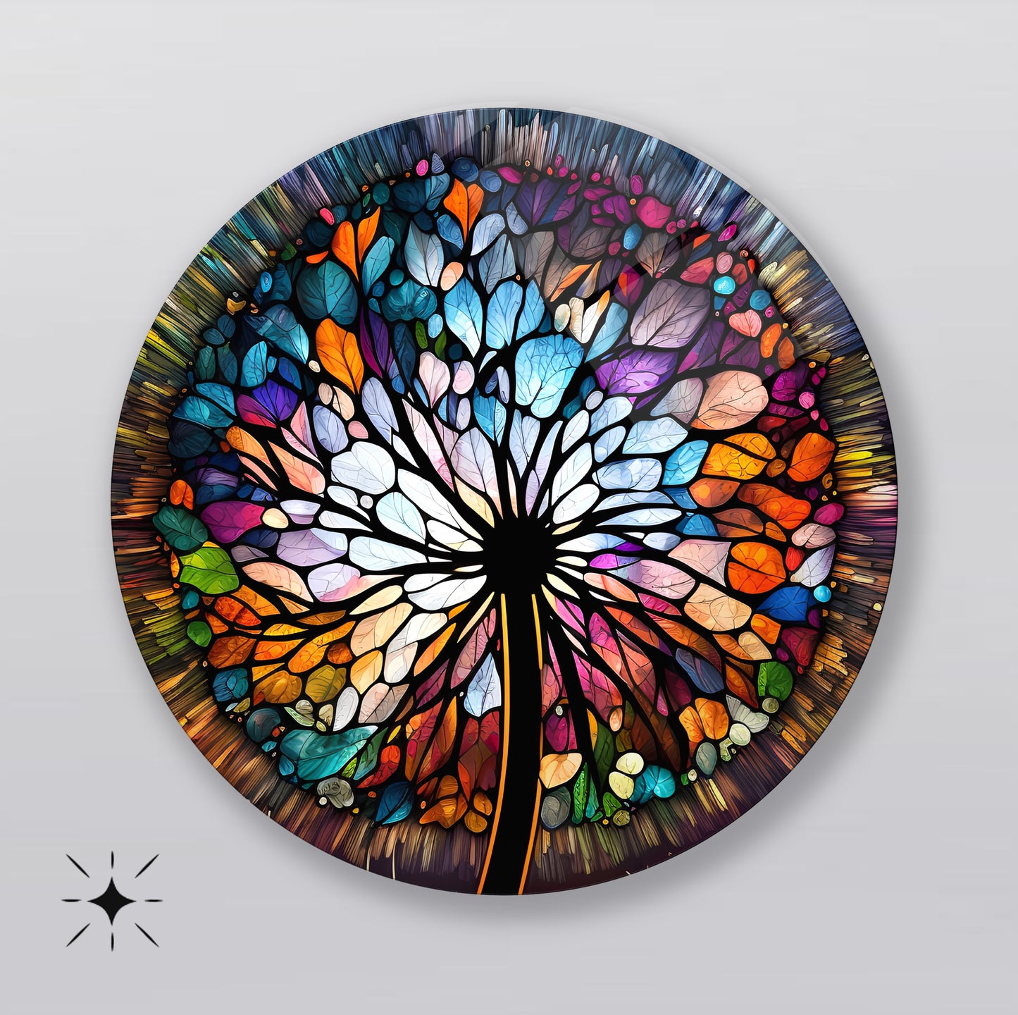 Vitray Desen Çiçek Yuvarlak Cam Tablo