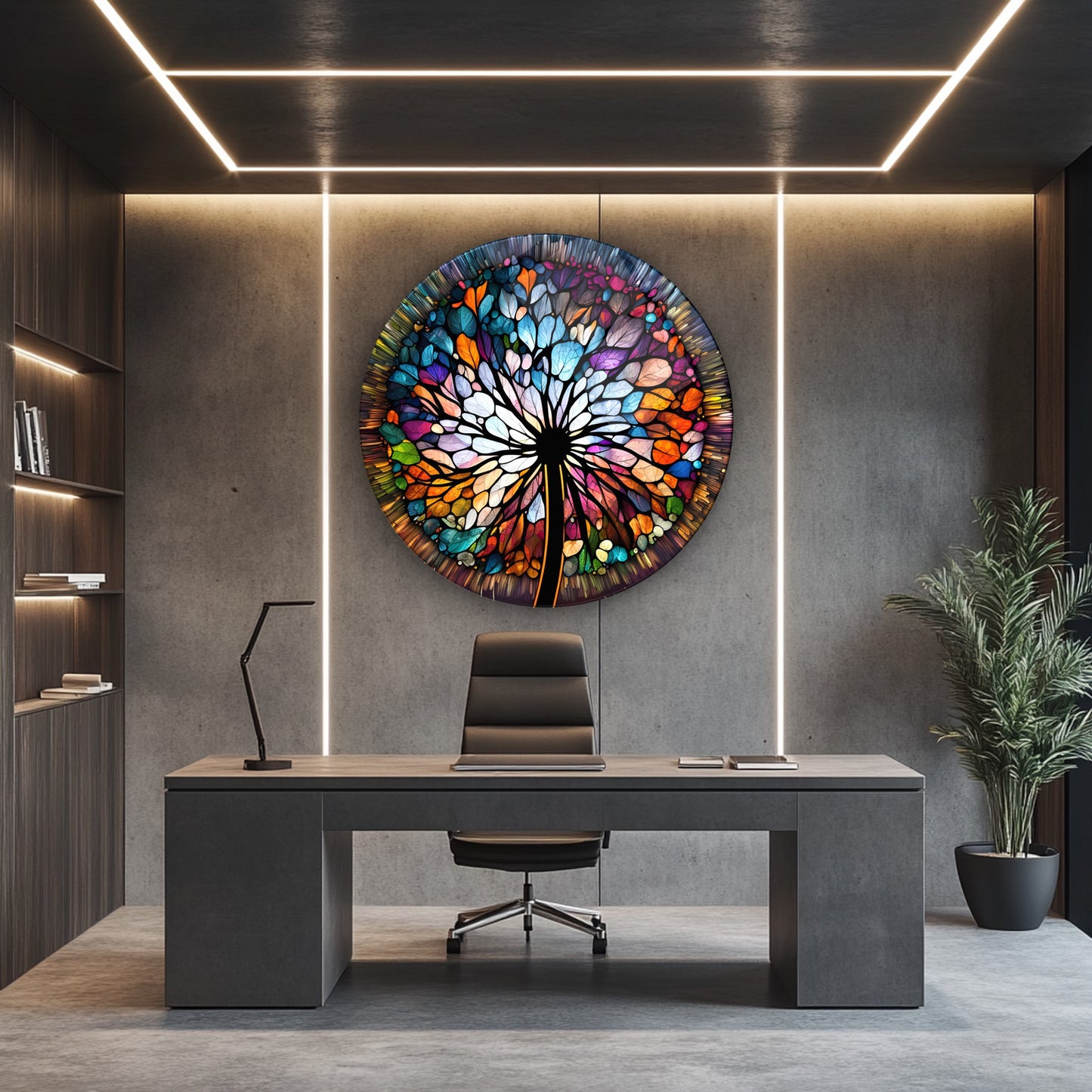 Vitray Desen Çiçek Yuvarlak Cam Tablo