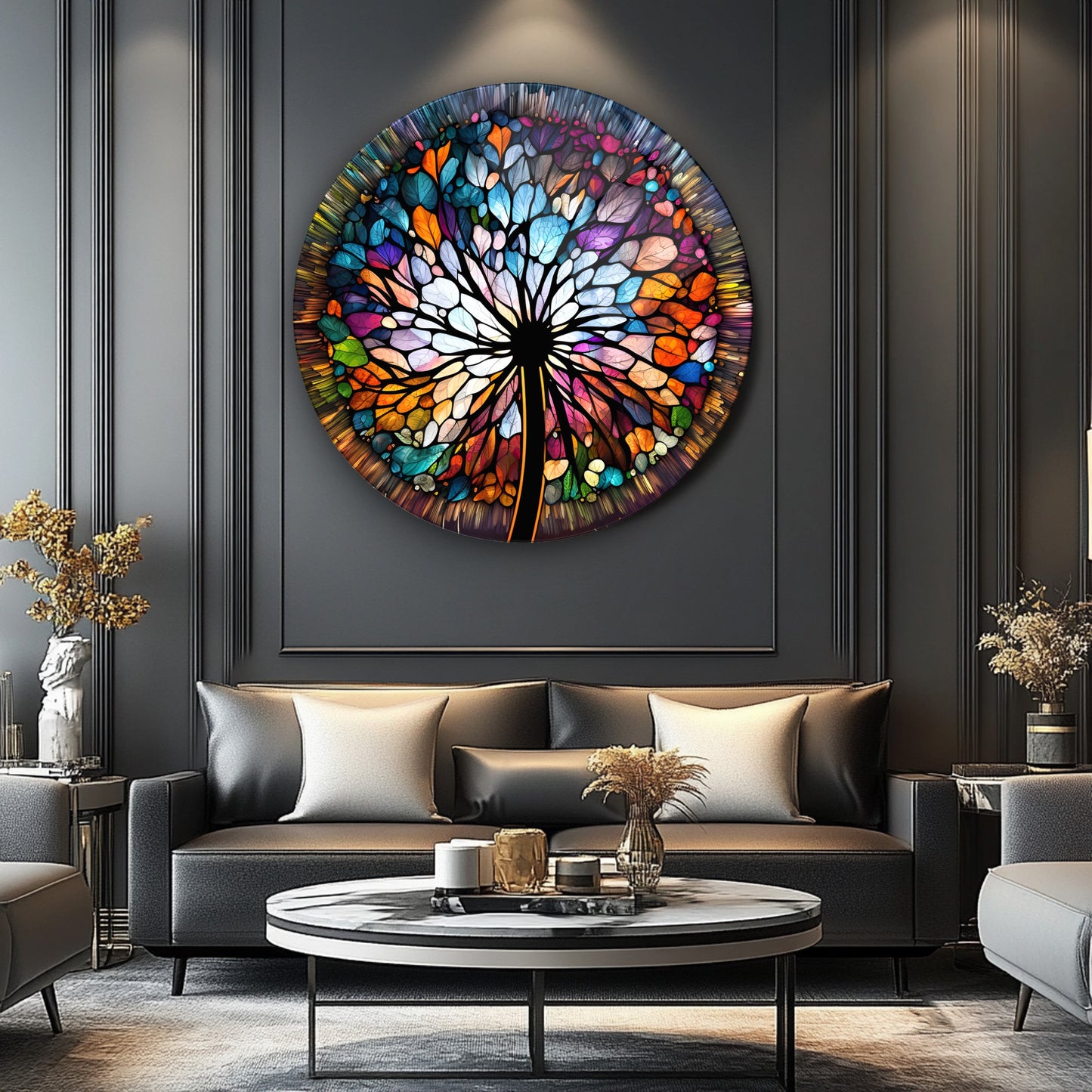 Vitray Desen Çiçek Yuvarlak Cam Tablo