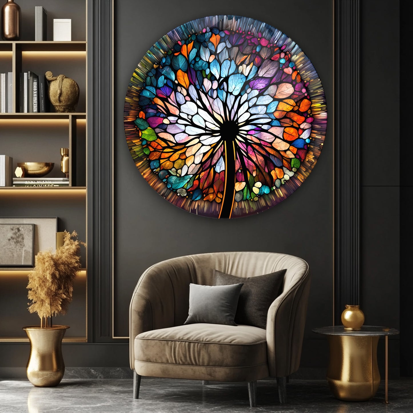 Vitray Desen Çiçek Yuvarlak Cam Tablo