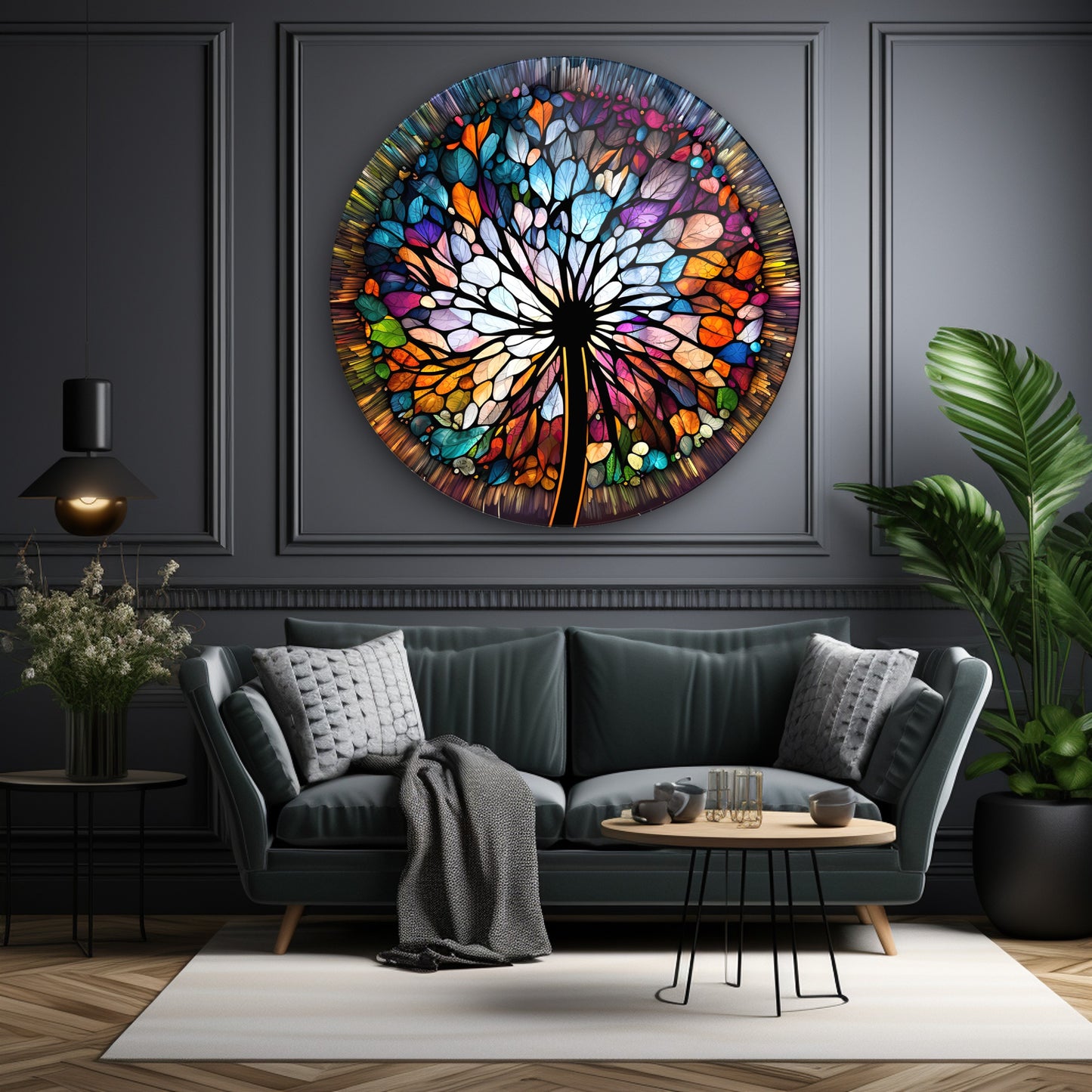 Vitray Desen Çiçek Yuvarlak Cam Tablo