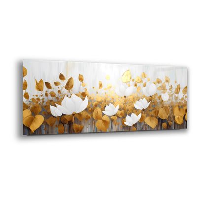 Gold Çiçekler Panoramik Cam Tablo