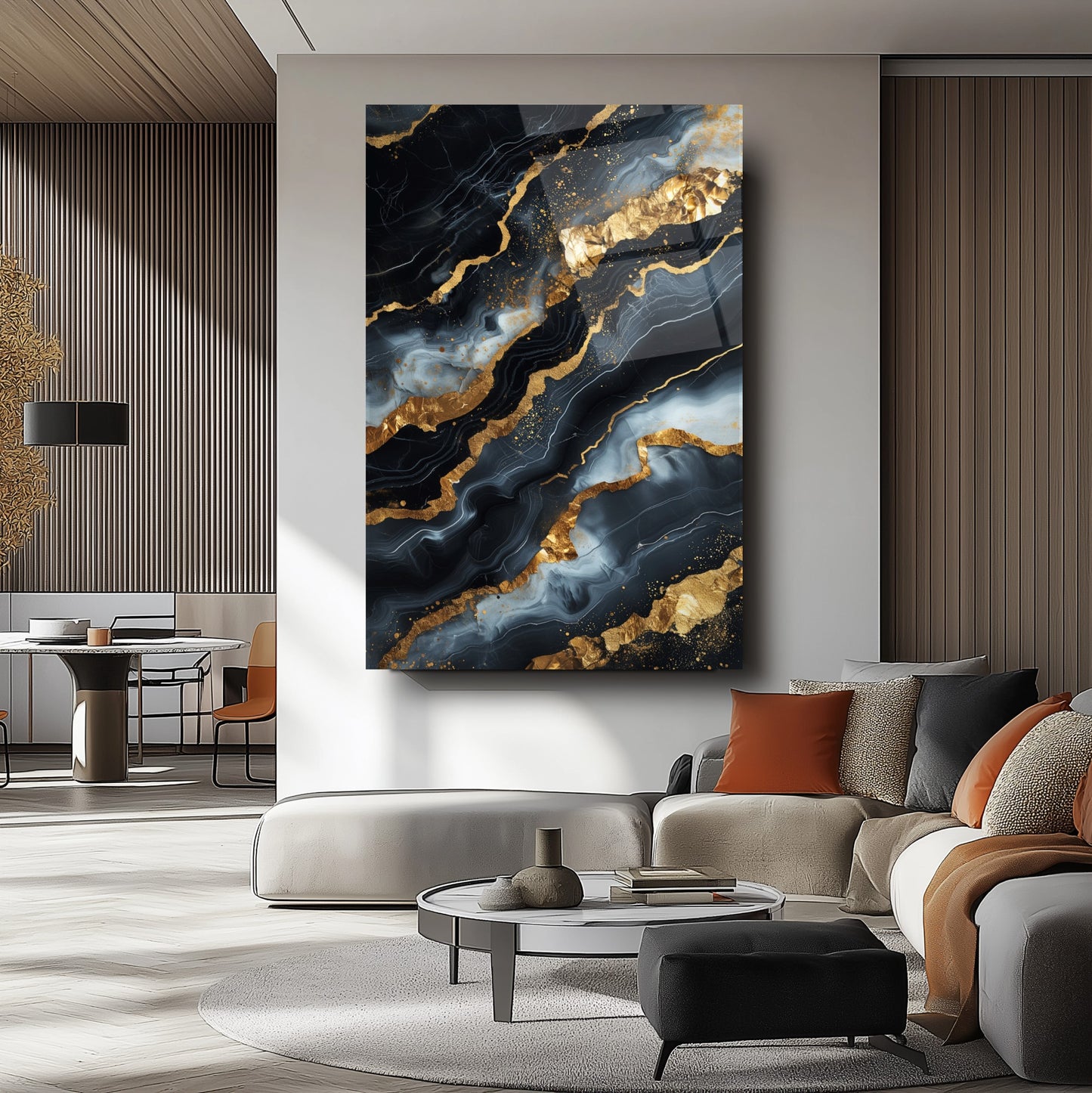 Siyah Gold Mermer Desen Cam Tablo