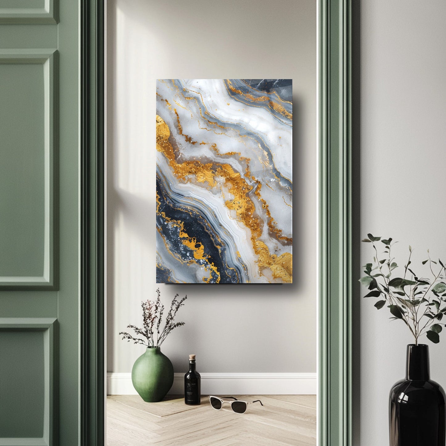 Beyaz Gold Mermer Desen Cam Tablo