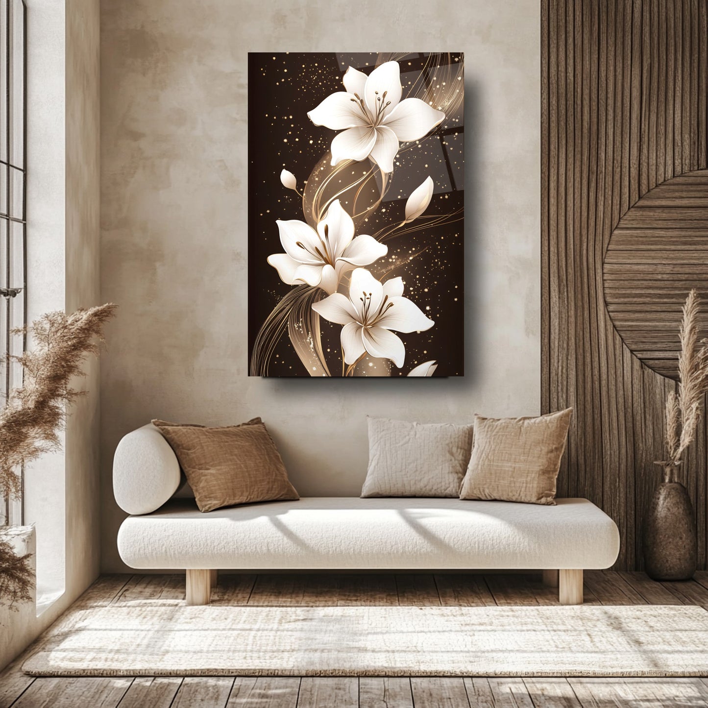 Beyaz Çiçekler Cam Tablo