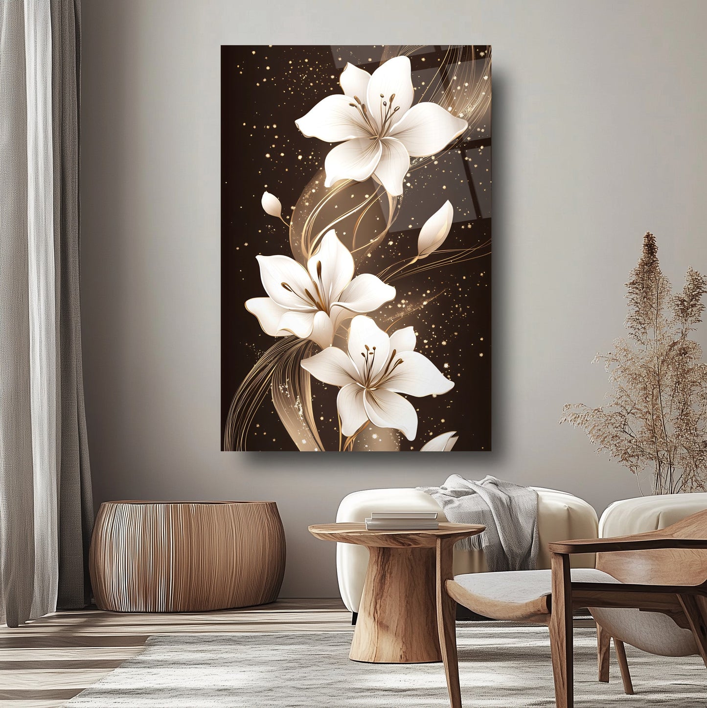 Beyaz Çiçekler Cam Tablo