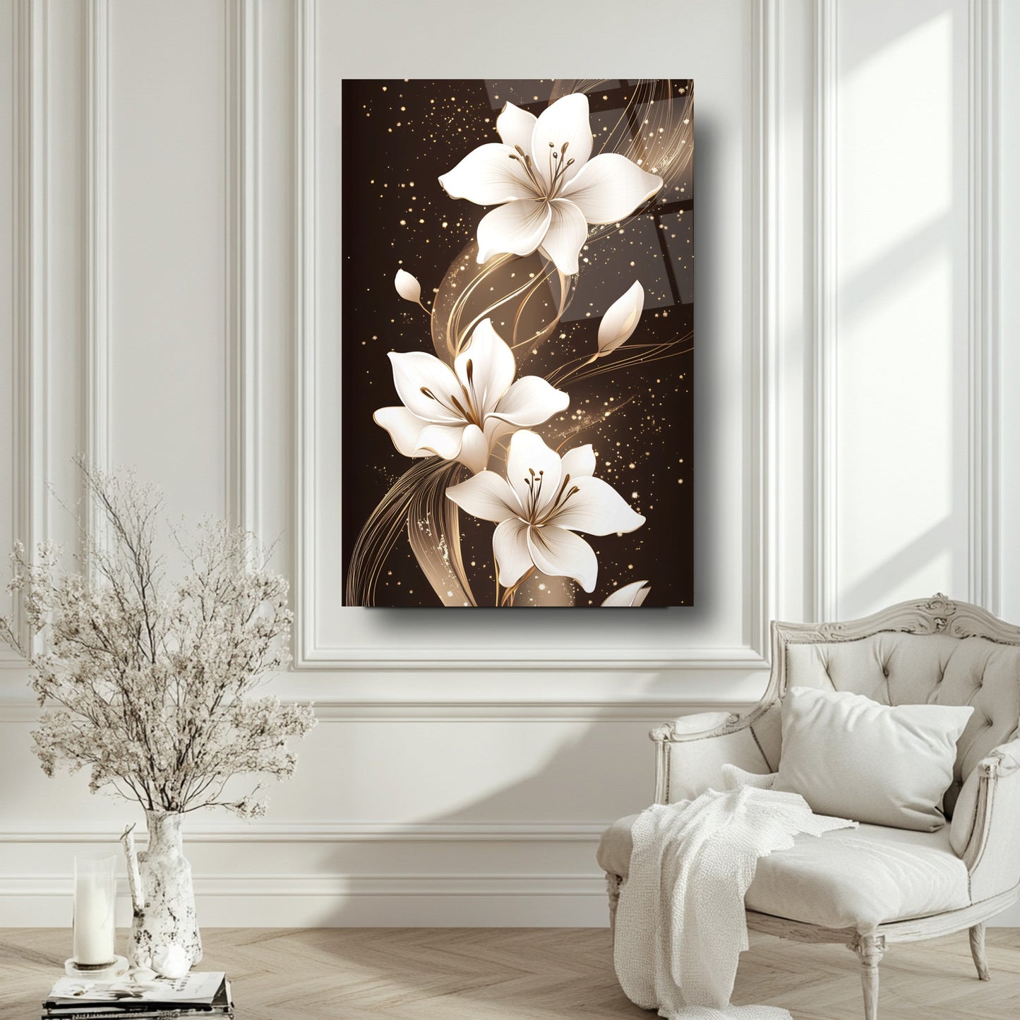 Beyaz Çiçekler Cam Tablo