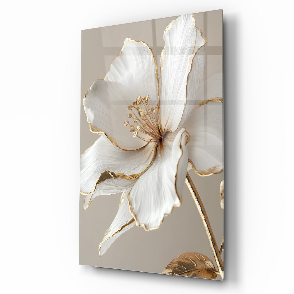 Gold Beyaz Çiçek Cam Tablo