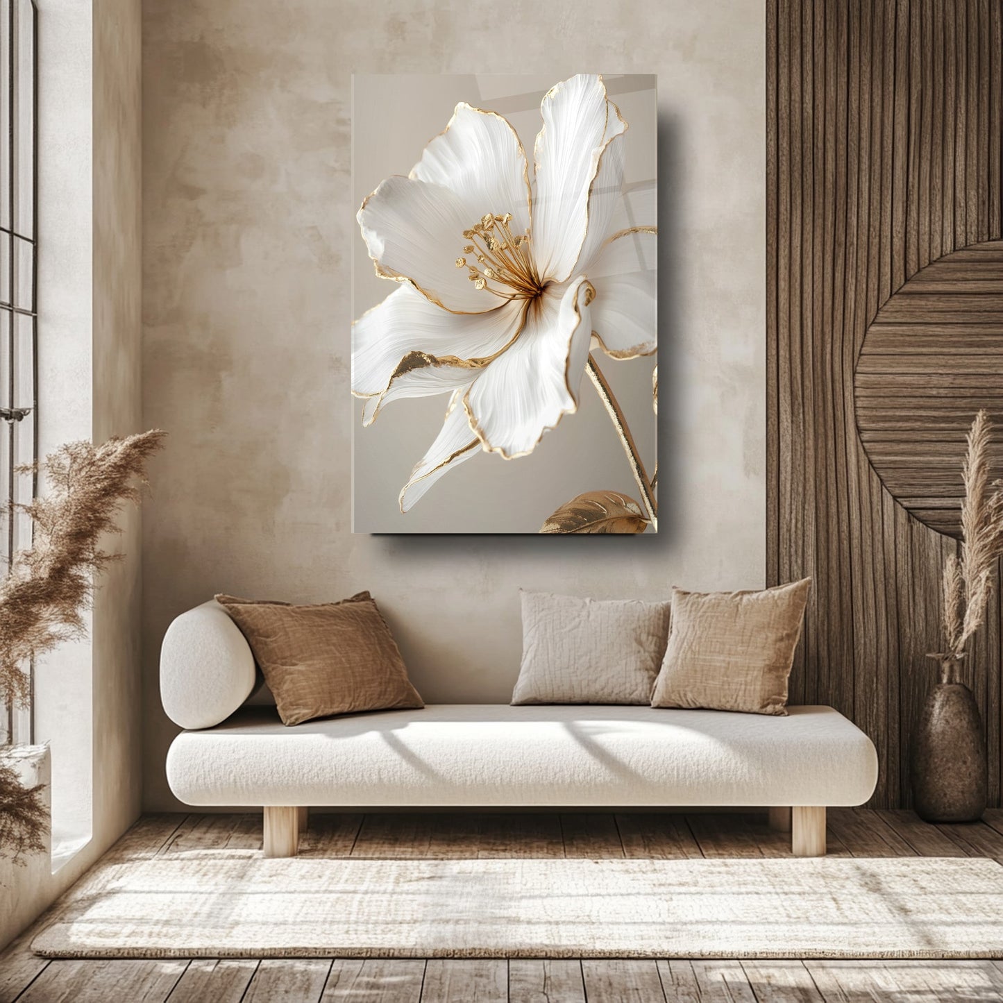Gold Beyaz Çiçek Cam Tablo