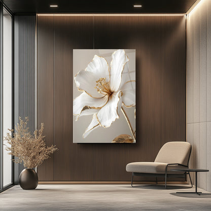 Gold Beyaz Çiçek Cam Tablo