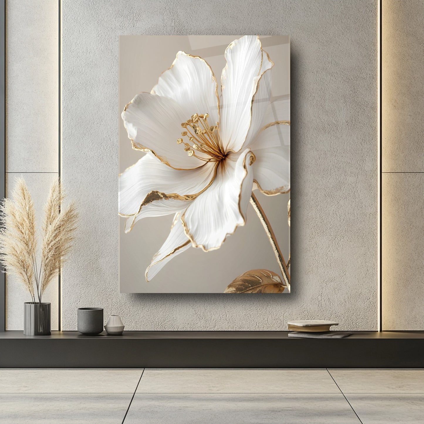 Gold Beyaz Çiçek Cam Tablo