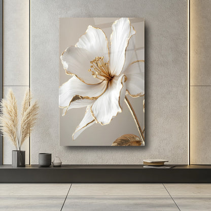 Gold Beyaz Çiçek Cam Tablo