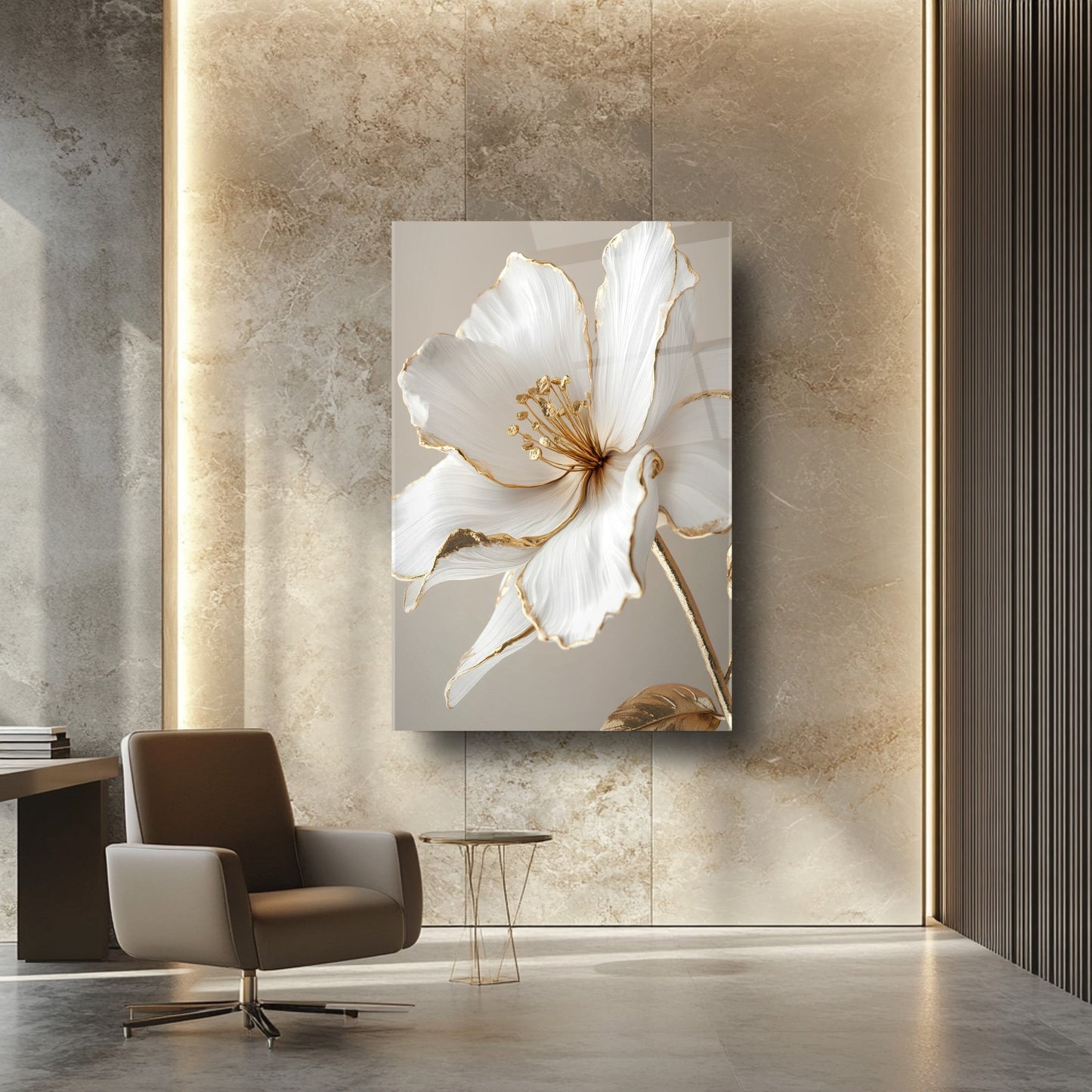 Gold Beyaz Çiçek Cam Tablo