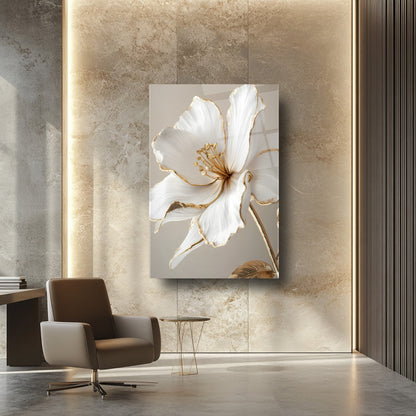 Gold Beyaz Çiçek Cam Tablo