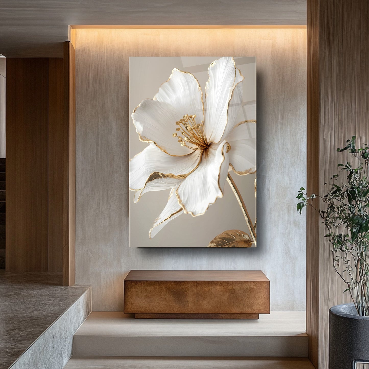 Gold Beyaz Çiçek Cam Tablo