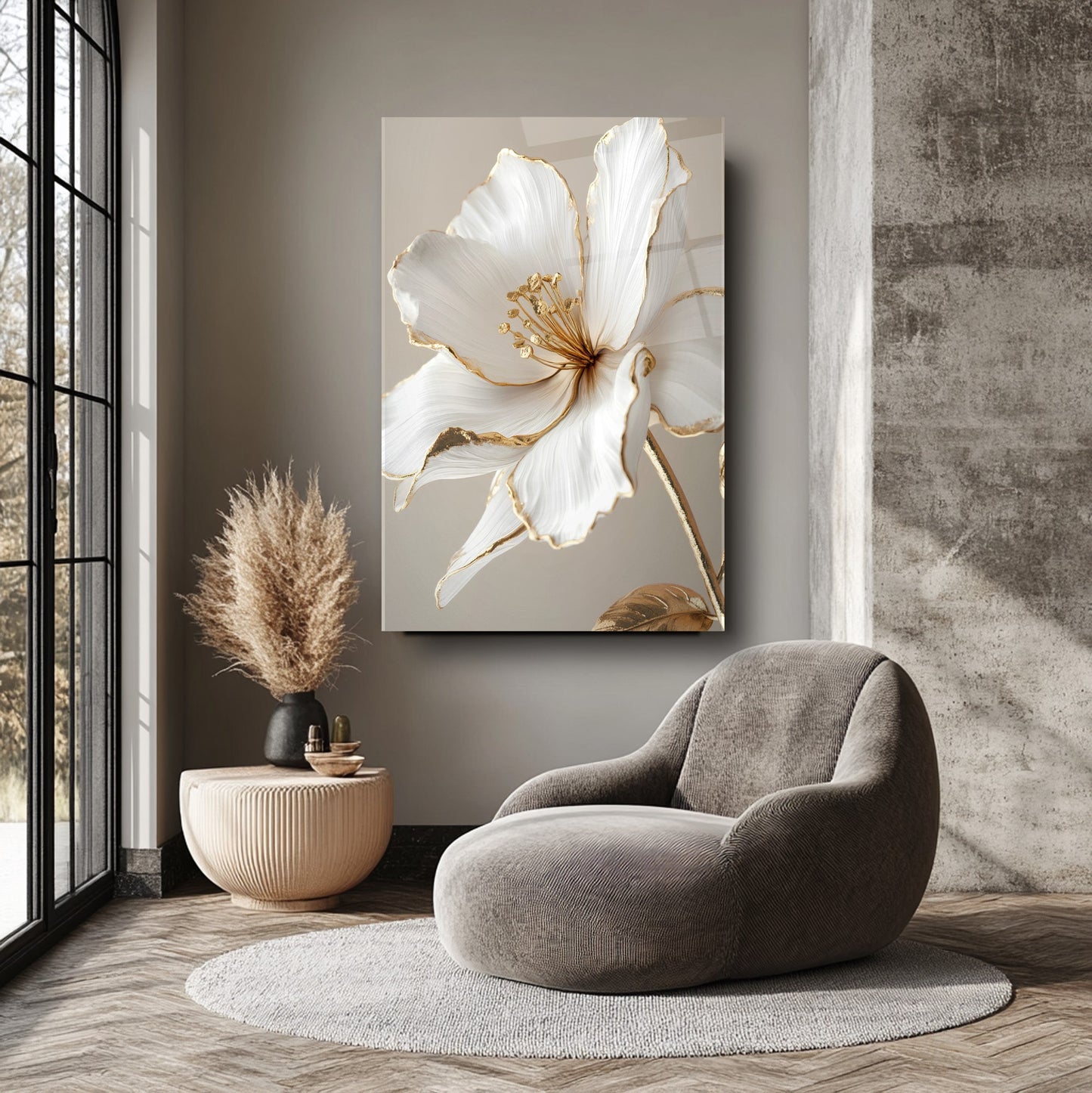 Gold Beyaz Çiçek Cam Tablo