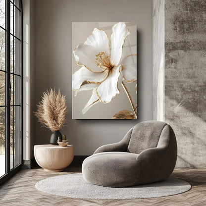 Gold Beyaz Çiçek Cam Tablo