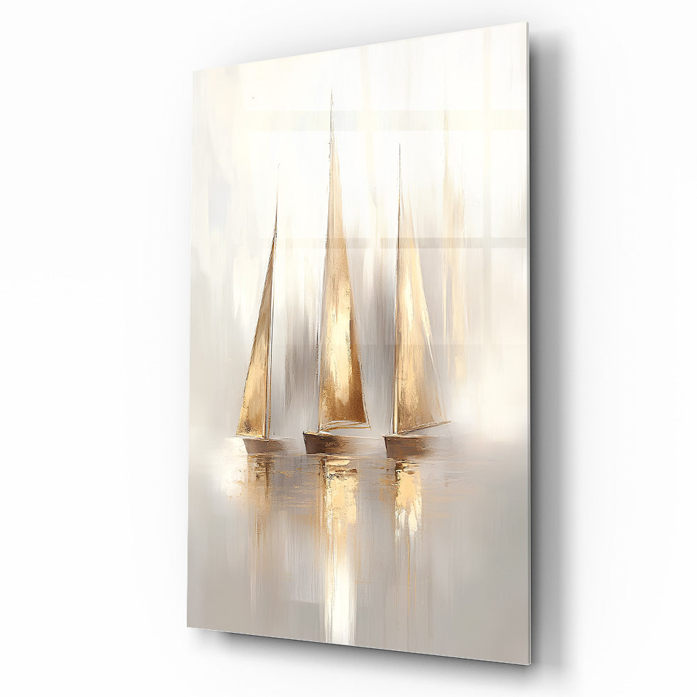 Gold Yelkenli Gemiler Cam Tablo