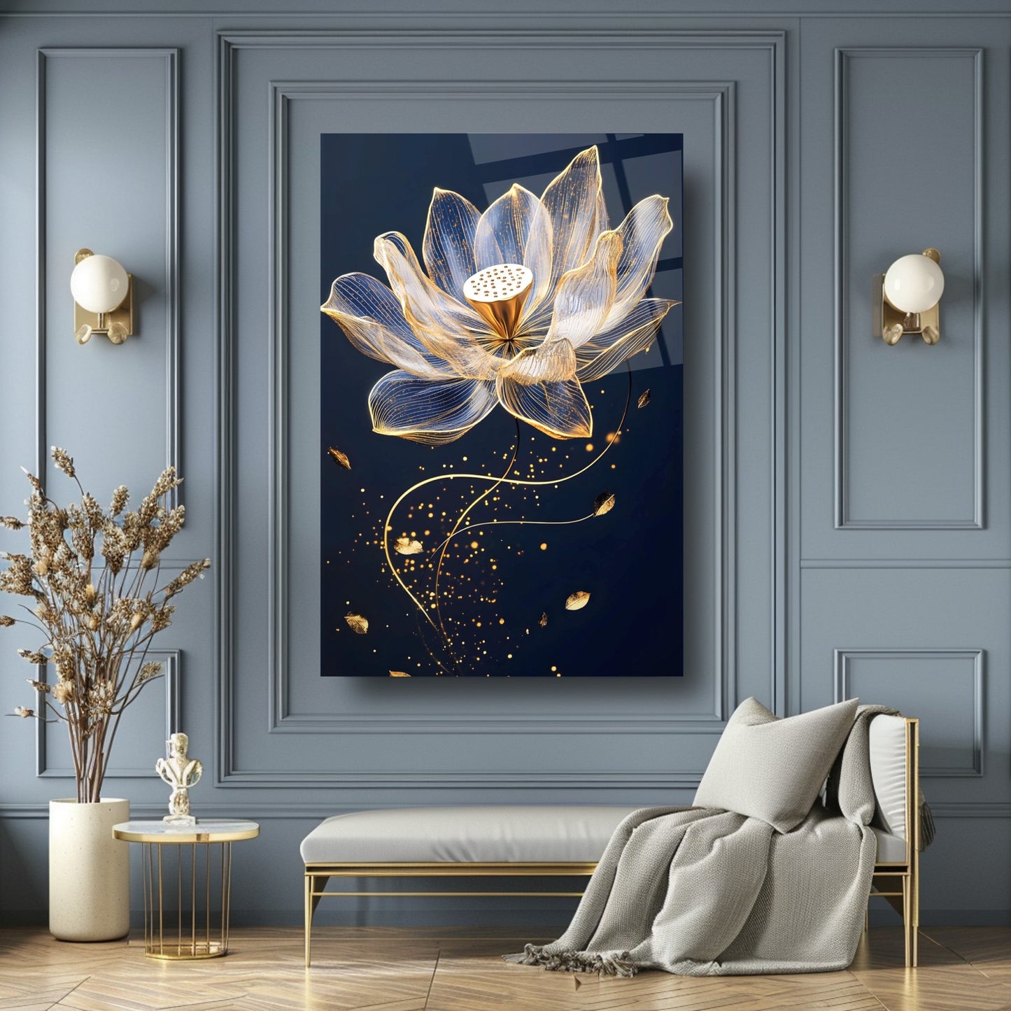 Gold Çiçek Cam Tablo