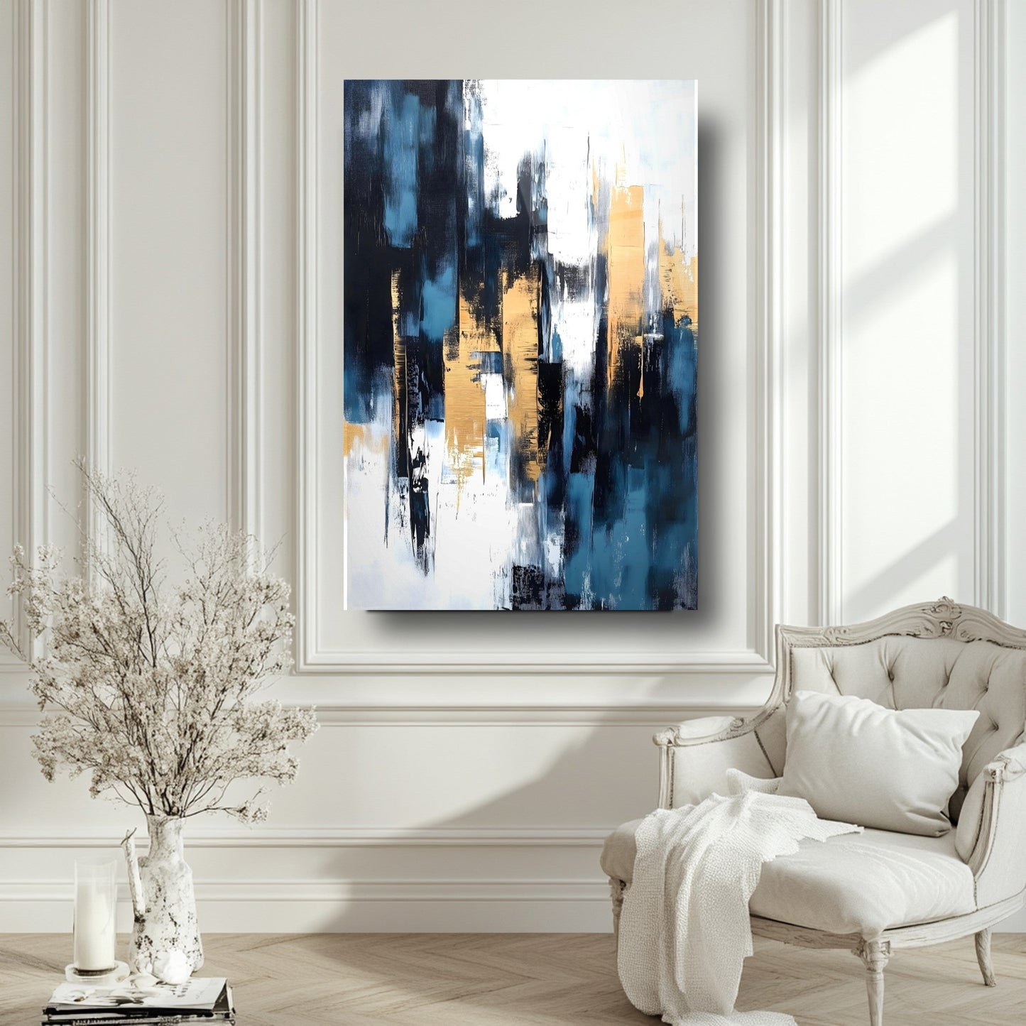 Gold Mavi Soyut Cam Tablo