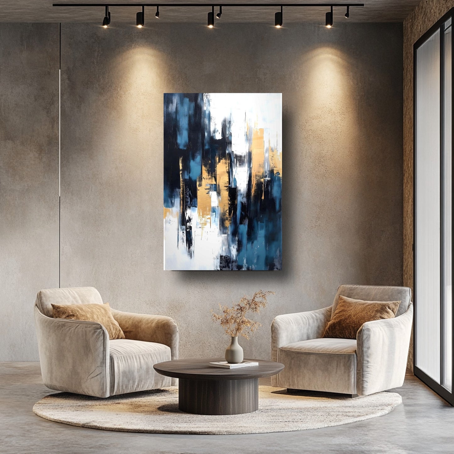 Gold Mavi Soyut Cam Tablo