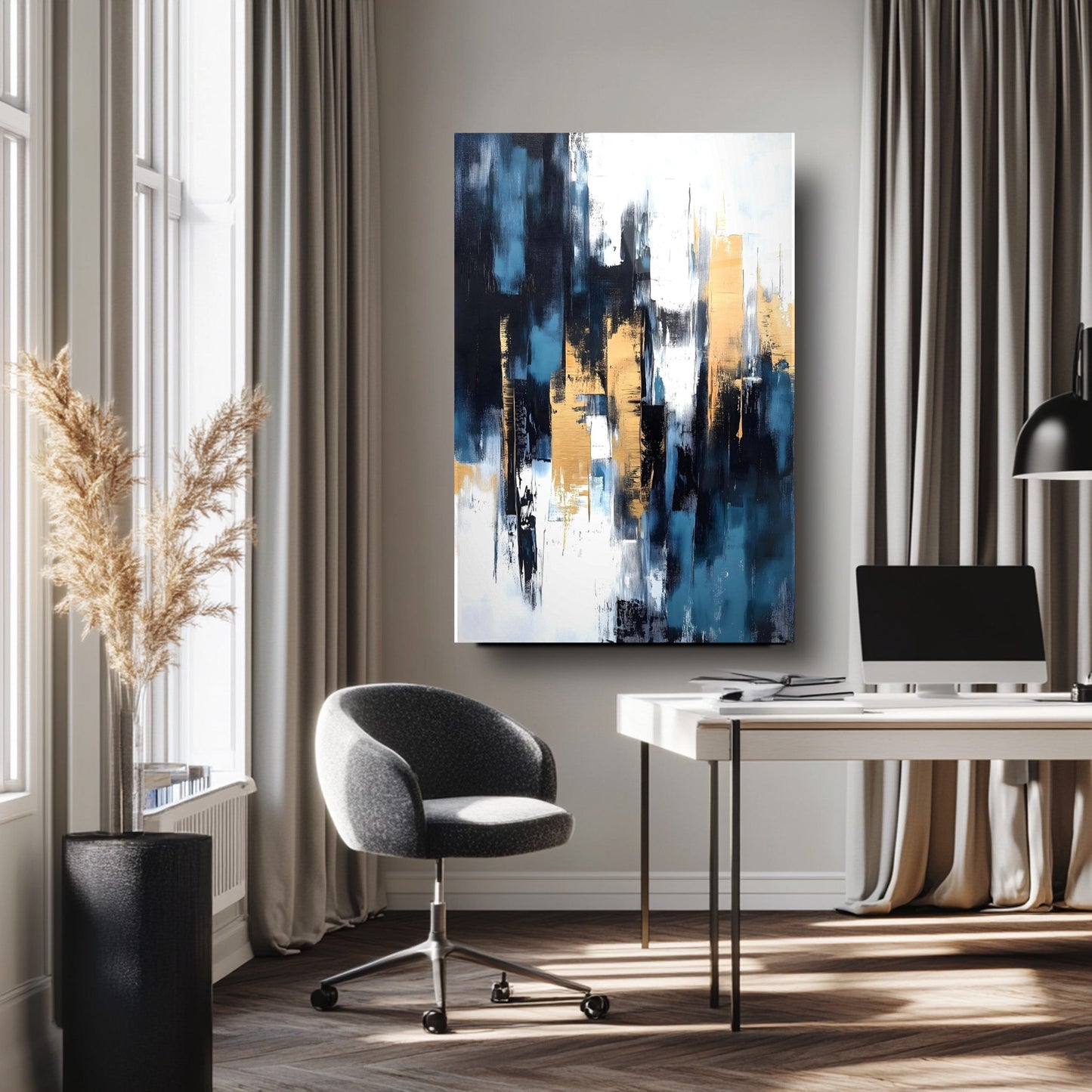 Gold Mavi Soyut Cam Tablo