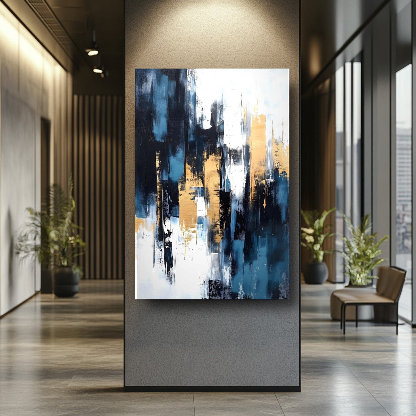 Gold Mavi Soyut Cam Tablo