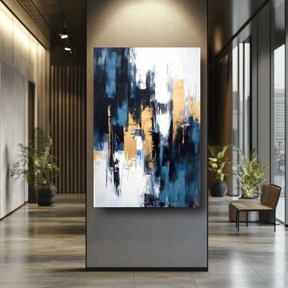 Gold Mavi Soyut Cam Tablo