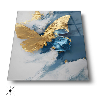 Gold Mavi Kelebek Cam Tablo