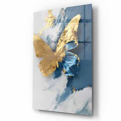 Gold Mavi Kelebek Cam Tablo