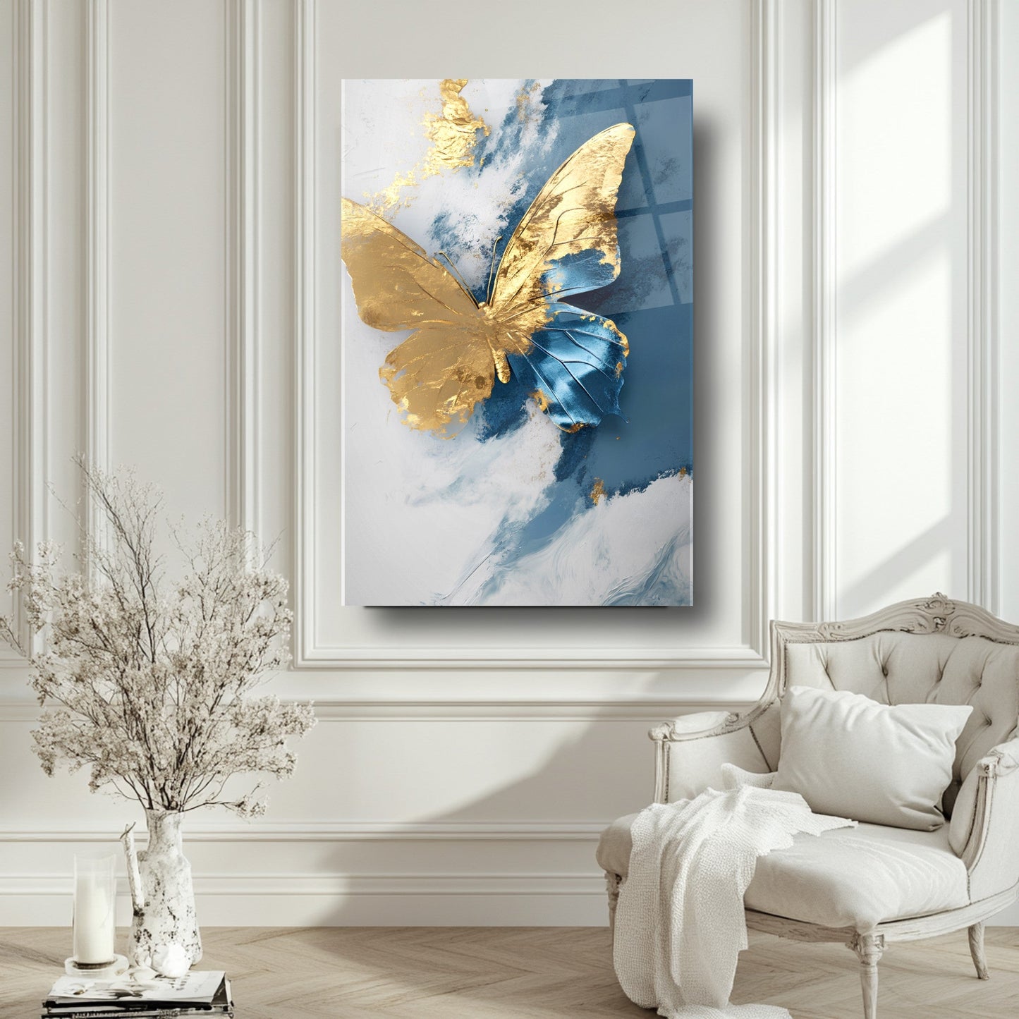 Gold Mavi Kelebek Cam Tablo